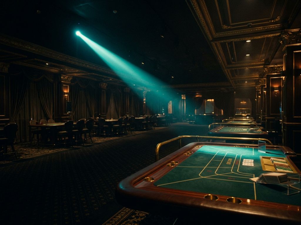 Dramatic teal spotlight illuminating casino table entrance