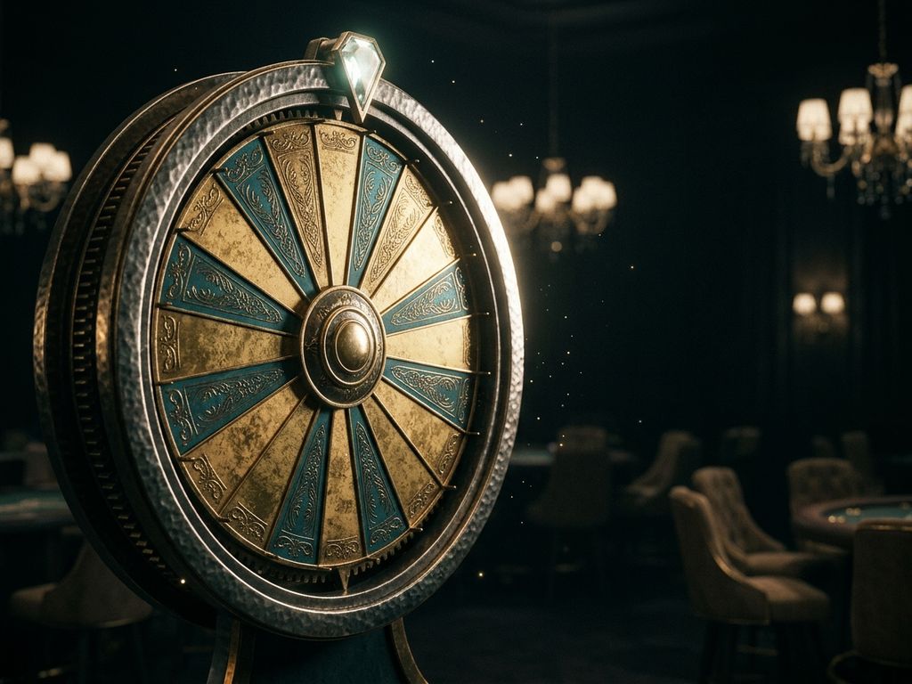 Glowing casino bonus wheel with teal and gold segments